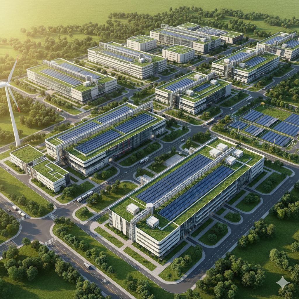 Future vision of a modern manufacturing campus with adaptable production and logistics infrastructure
